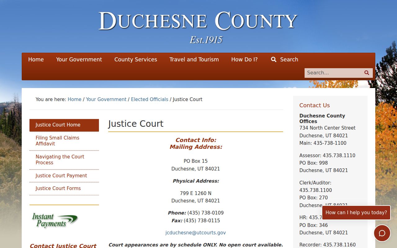 Duchesne County bench warrant records, Justice Court public contact page