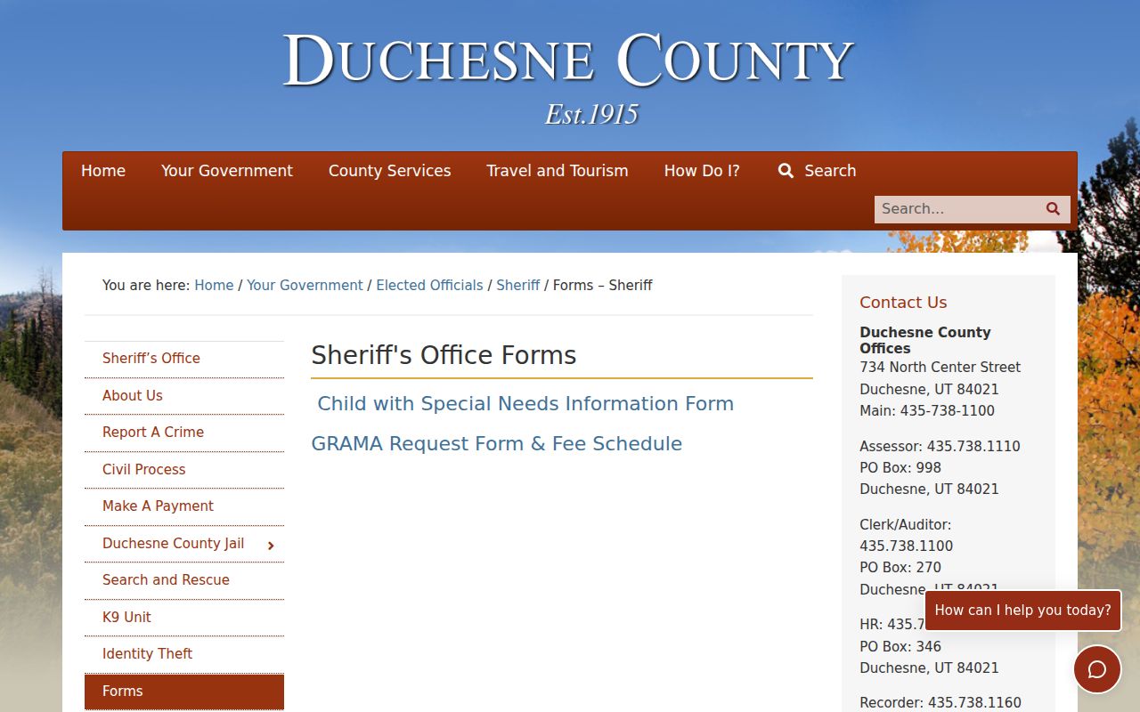Duchesne County city court warrant records, Sheriff forms and records request link