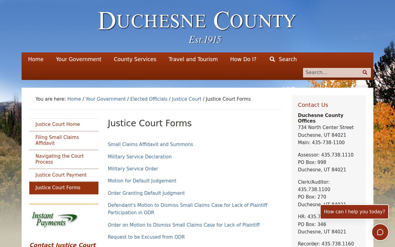 Duchesne County municipal warrant records, Justice Court forms page