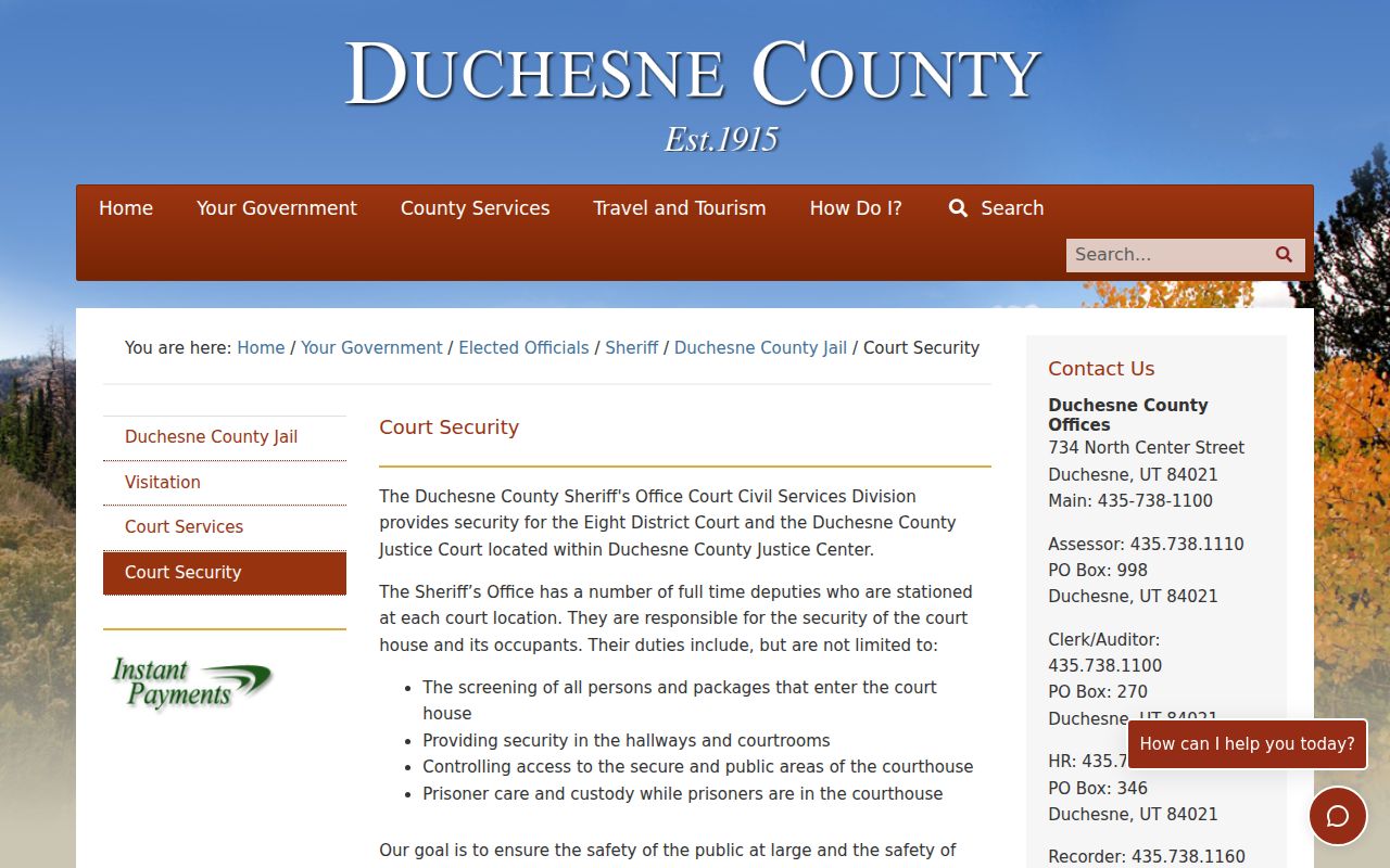 Duchesne County Duchesne City warrant records, courthouse security instructions