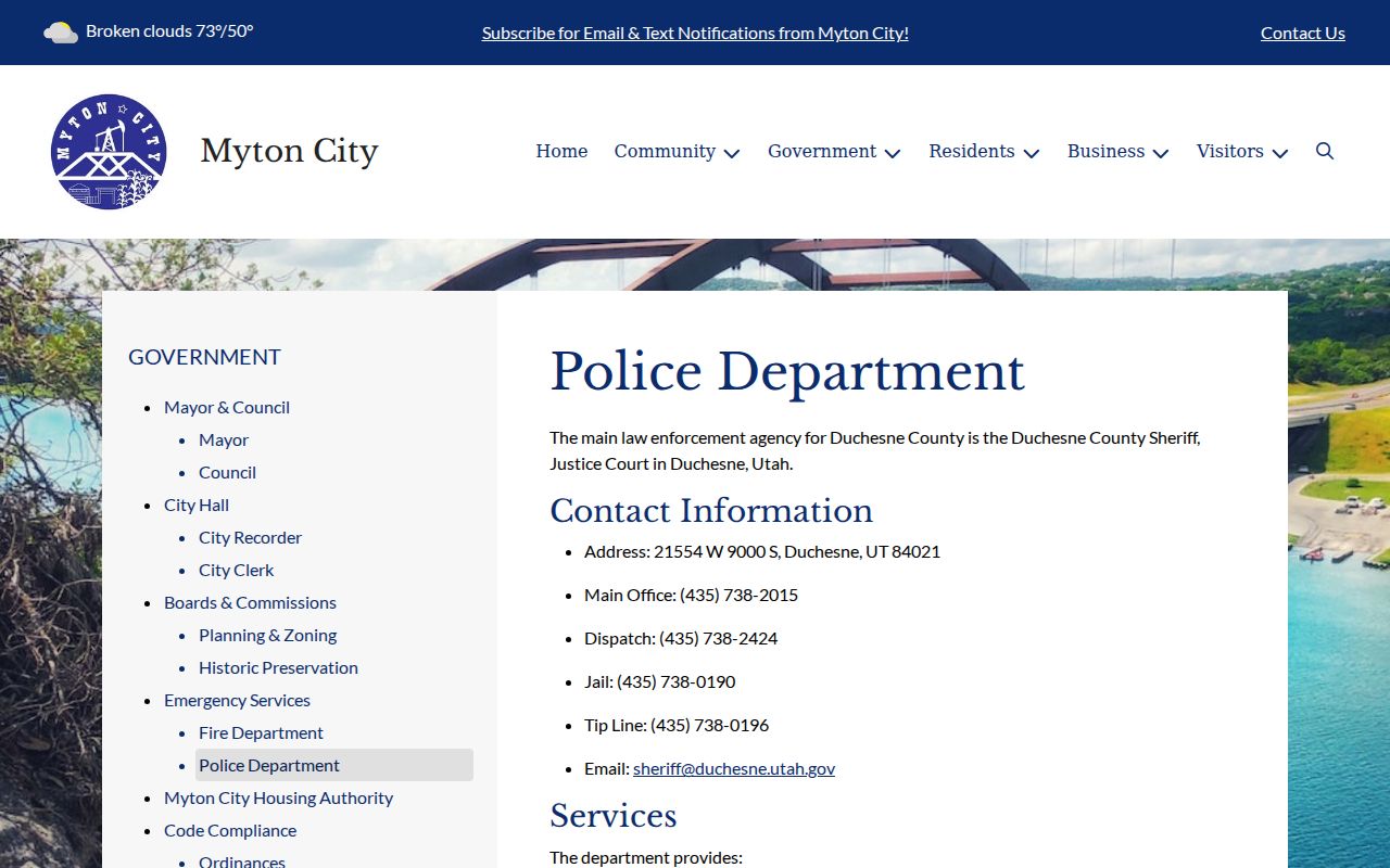Duchesne County Myton warrant records, city police page routing to Sheriff