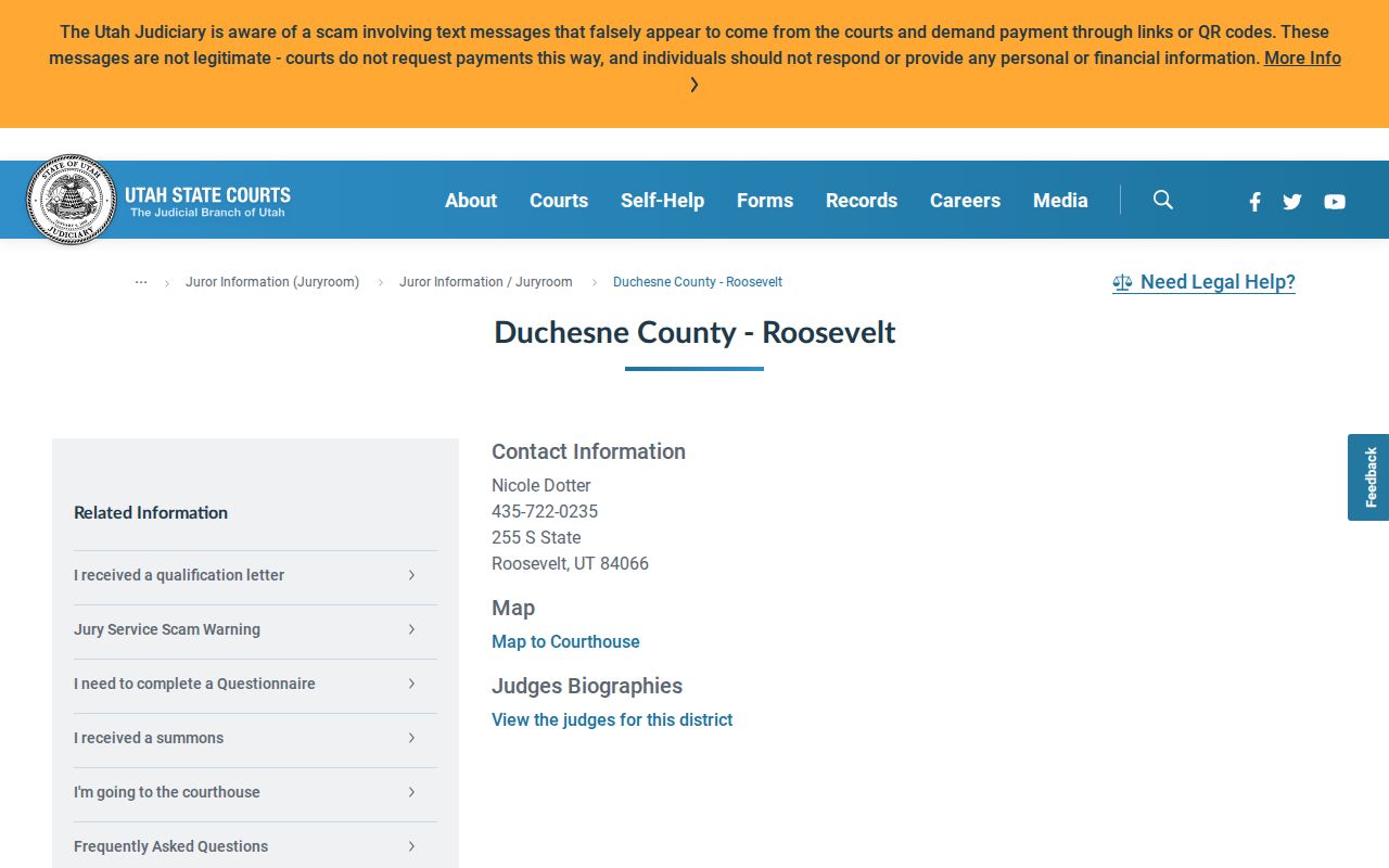 Duchesne County Roosevelt warrant records, Roosevelt courthouse contact
