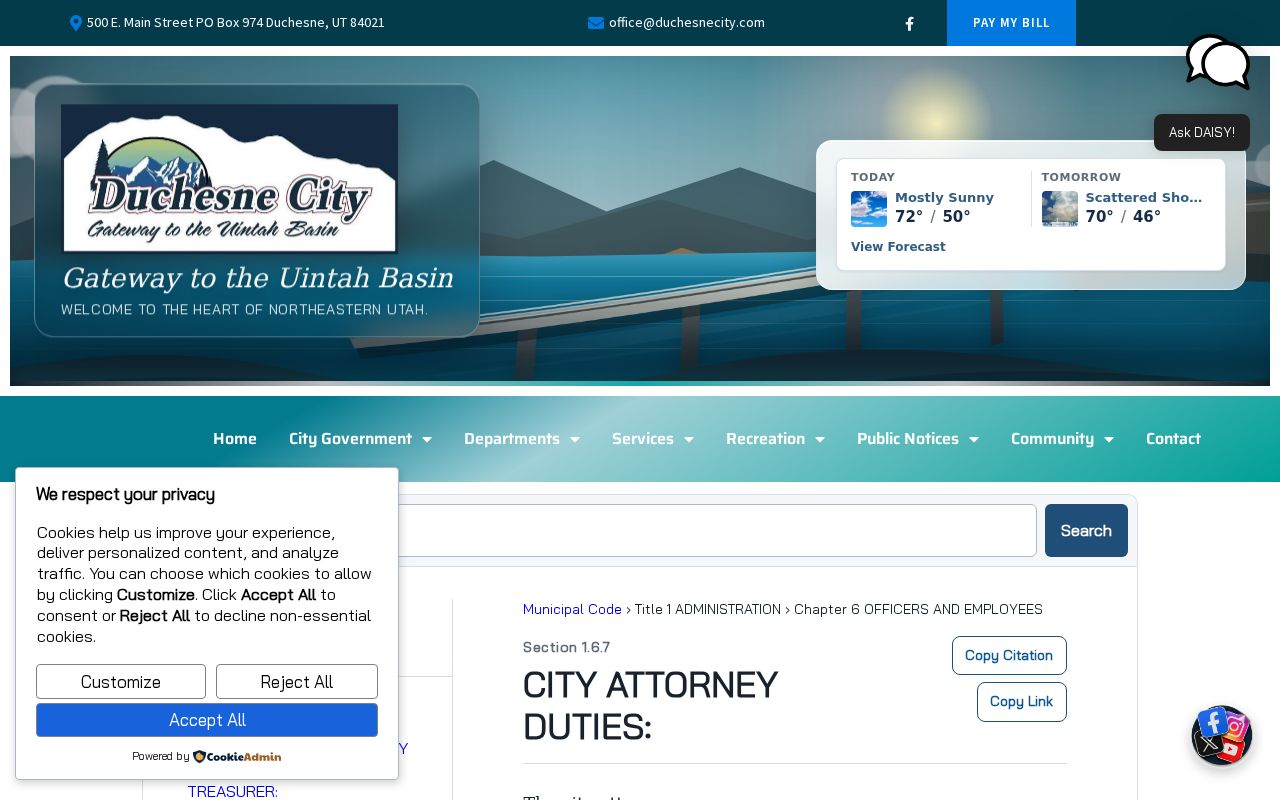 Duchesne County Duchesne City warrant records, city code on prosecution authority