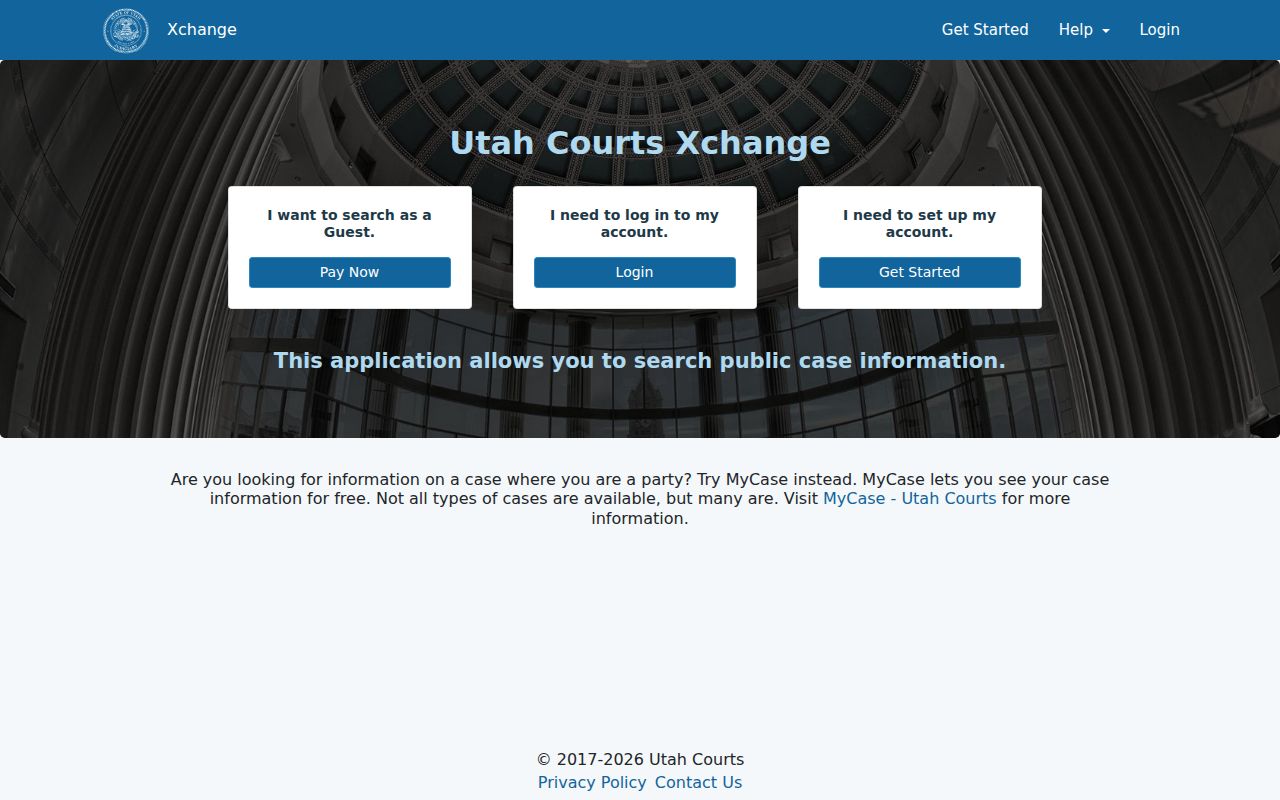 Duchesne County warrant search, Utah Courts Xchange guest search screen