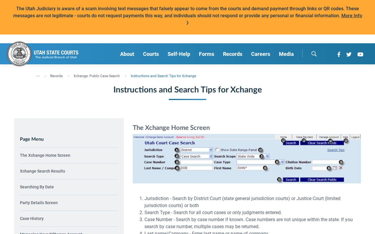 Duchesne County warrant search fields in Utah Courts Xchange